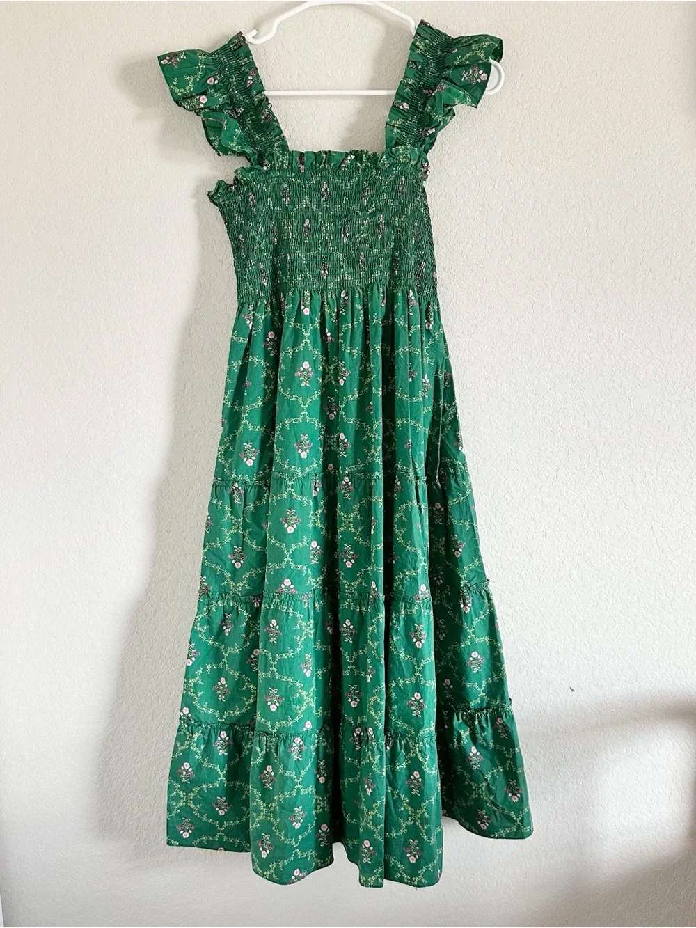 Hill House Home Ellie Nap Dress in Emerald Green Trellis Sz S